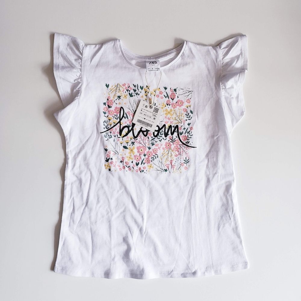 Zara Floral Girls Ruffle Sleeve Tee Shirt Size 9 NWT